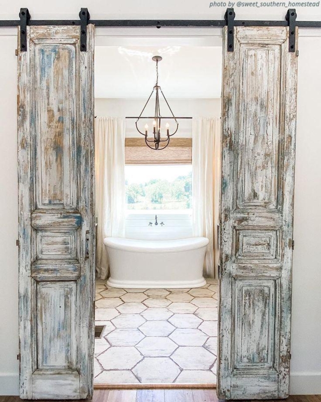 Hexagonal Porcelain Tile Bathroom with Distressed Whitewashed Barn Doors