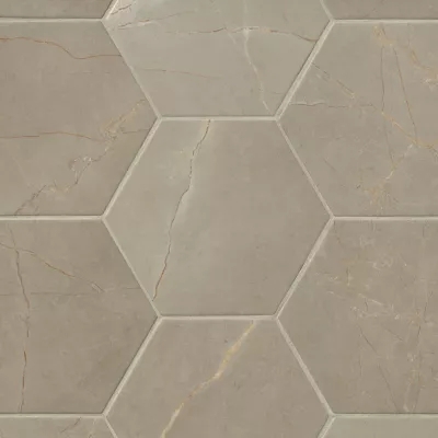 Hexagonal Tile Taupe Marble Veining Matte Finish Geometric Grid