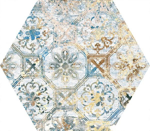 Hexagonal Tile with Distressed Boho Blue Carpet Look