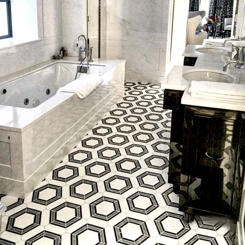 High Contrast Geometric Mosaic Tile Flooring Hexagonal Modern Glam