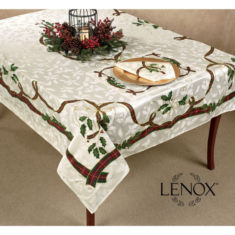 Holly Damask Tablecloth with Plaid Ribbon Border