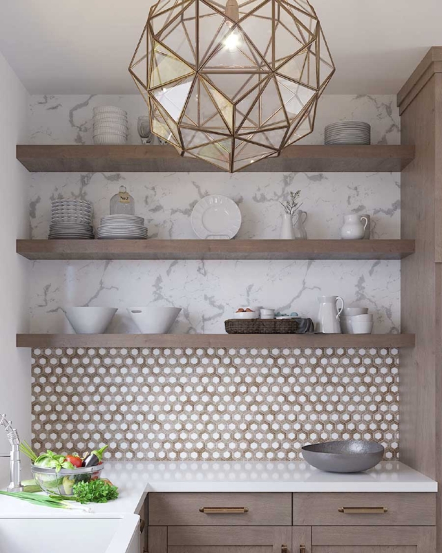 Honeycomb Tile Backsplash with Thick Wood Floating Shelves and Gold Light
