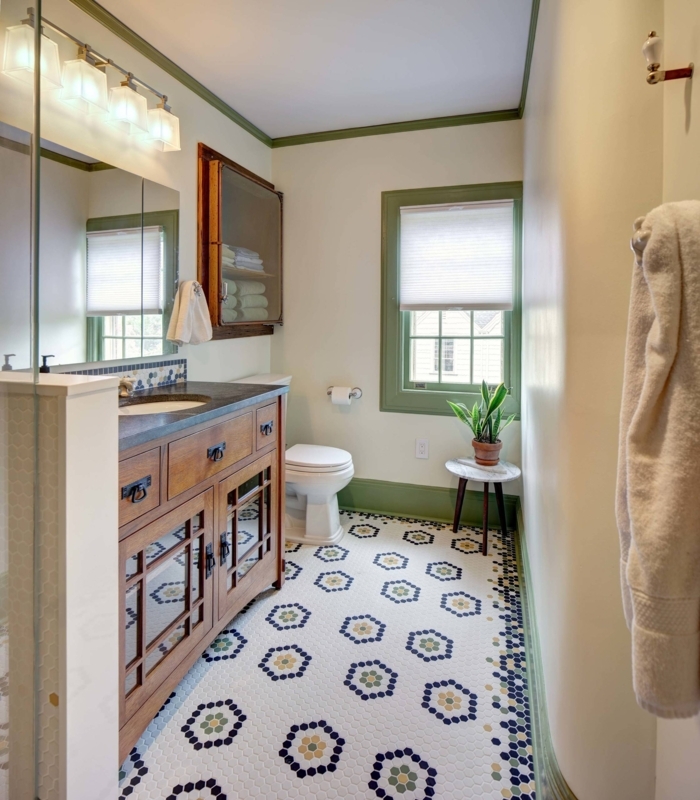 Honeycomb Tile Floor Sage Green Trim Floral Pattern Bathroom Design