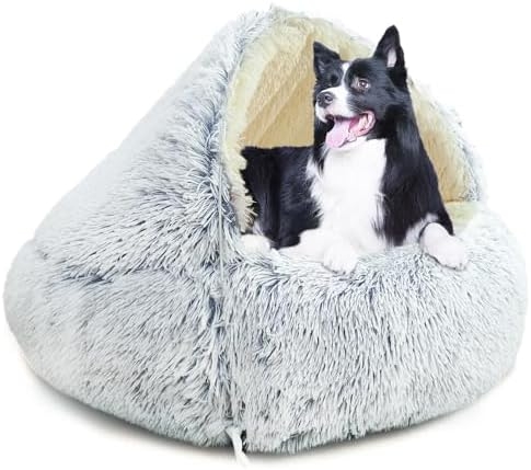Hooded Dog Bed Cave Style Light Grey Shaggy Faux Fur