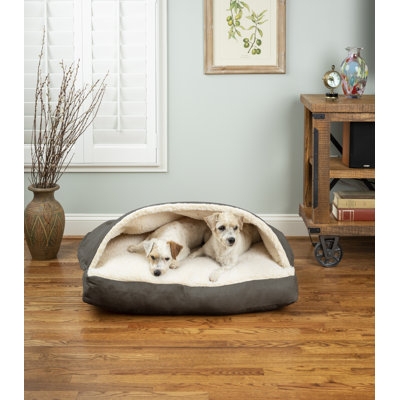 Hooded Dog Bed Charcoal Grey Sherpa Cave for Rustic Pet Corner