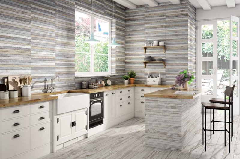 Horizontal Wall Tiles with Weathered Texture in Modern Farmhouse Kitchen