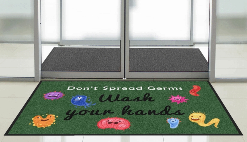 Hygiene Messaging Entryway Mat, Cartoon Germs Green