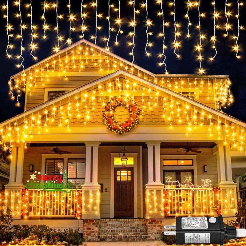 Icicle Lights Warm White Outdoor Clear Wire 8 Modes Festive Porch (71)