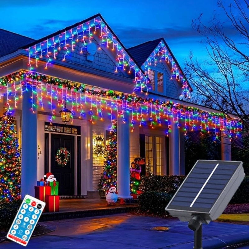 Icicle String Lights Solar Remote Controlled Multicolored Drops