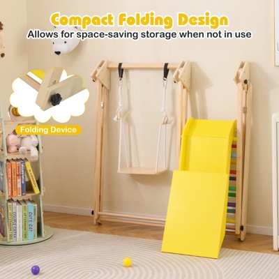 Indoor Climbing Frame Vibrant Yellow Slide with Swing & Natural Wood