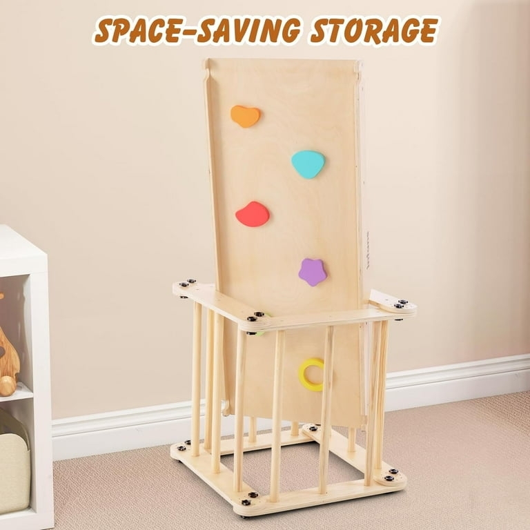 Indoor Climbing Gym Compact Storage, Vibrant Climbing Holds, Slatted Sides