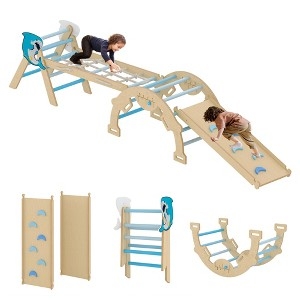 Indoor Climbing Set 7-in-1 Dolphin Accents Blue Rungs Wooden Foldable Gym