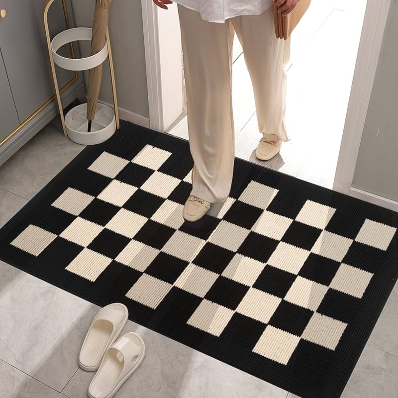 Indoor Door Mat Black and Cream Checkerboard Low Profile Modern