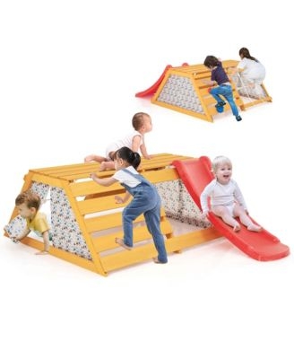Indoor Jungle Gym Floral Pattern Montessori Climbing Gym Red Slide