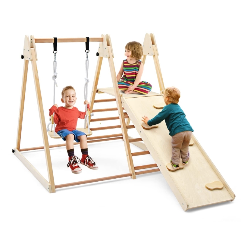 Indoor Jungle Gym Integrated Swing Foldable Natural Wood Montessori Toy