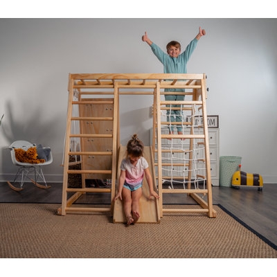 Indoor Play Gym Natural Wood Active Play Structure with Rope Net & Rock Wall