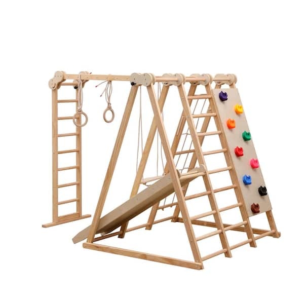 Indoor Playground Gymnastic Rings Climbing Wall Playroom Natural Wood