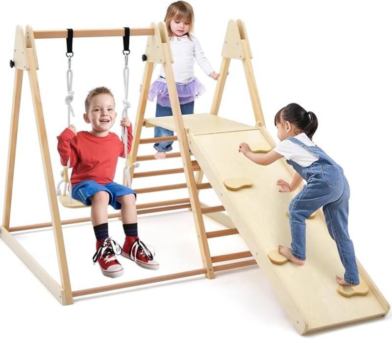 Indoor Playground Montessori Wood-Toned Swing and Climbing Wall Set