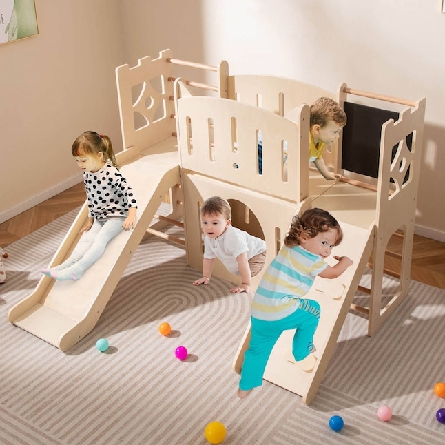 Indoor Playset Integrated Chalkboard Tunnel Slide Natural Wood Scandi Style