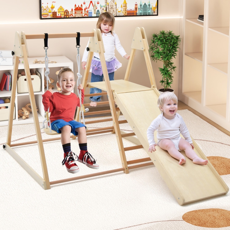 Indoor Wooden Jungle Gym A-Frame Scandi Style with Slide and Swing