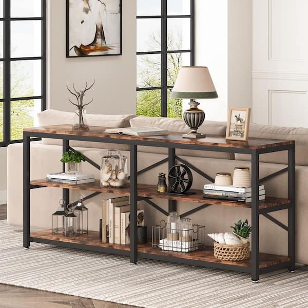 Industrial Console Table Extra Long X-Brace Three Tier Shelf