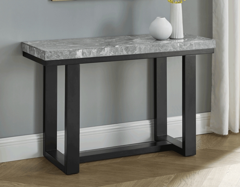 Industrial Console Table Marble Top Black Sled Base Modern