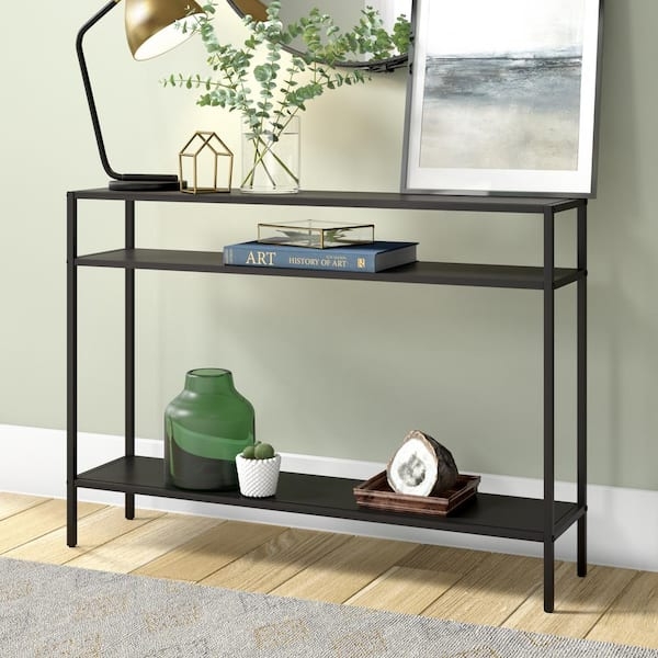 Industrial Modern Console Table Blackened Bronze Metal Shelves