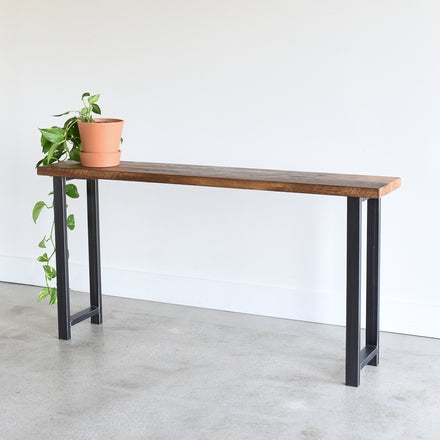 Industrial Modern Console Table H-Leg Base Thick Wood Top Slim Silhouette