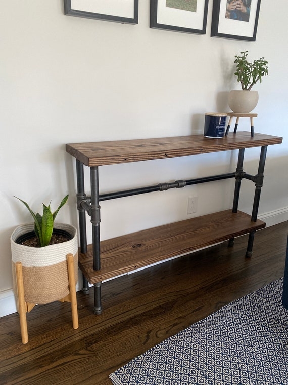 Industrial Pipe Console Table Black Fittings Dark Stained Wood Shelf