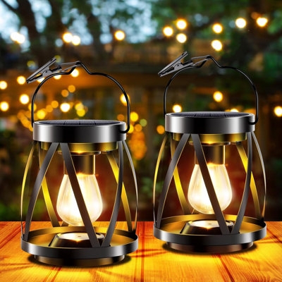Industrial Solar Lantern, Matte Black Cage, Edison Bulb, Hanging Clip