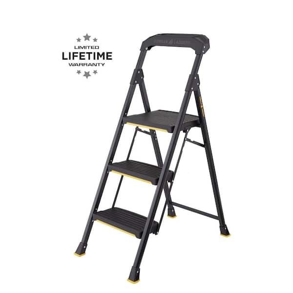 Industrial Step Stool Matte Black Yellow Accents Steel