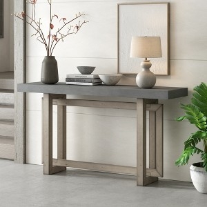 Industrial Wood Console Table Thick Slab Top Geometric Base