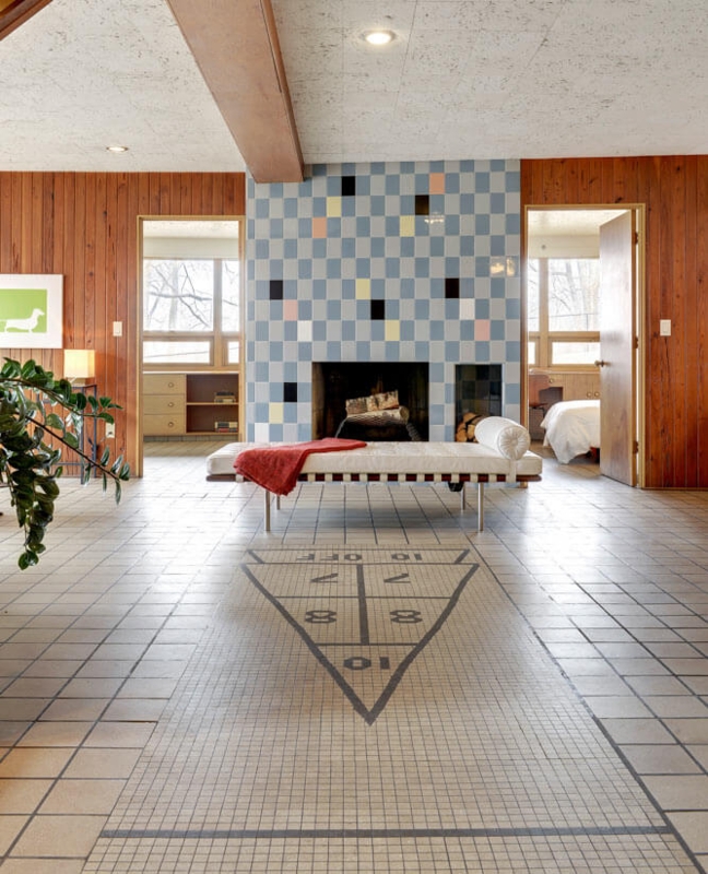 Integrated Shuffleboard Floor Design Checkered Tile Fireplace