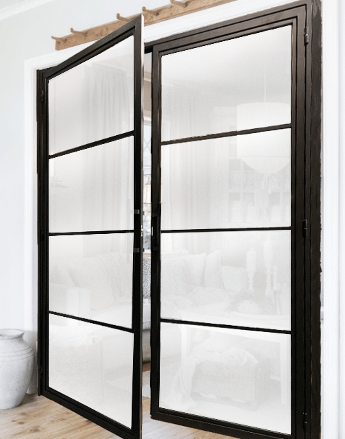 Interior Double Door Black Iron 4-Lite Frosted Glass Industrial