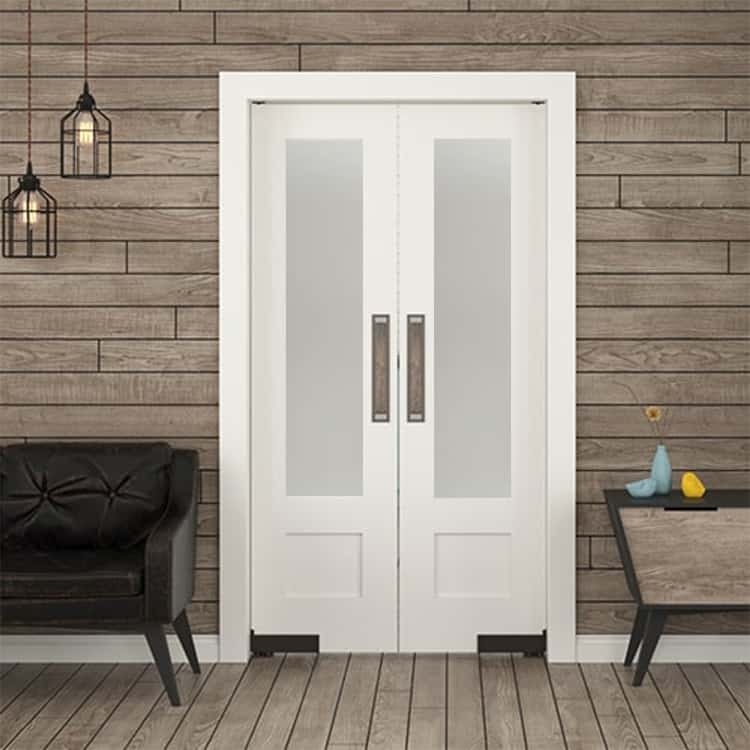 Interior Double Swing Doors Frosted Glass Vertical Pulls Farmhouse