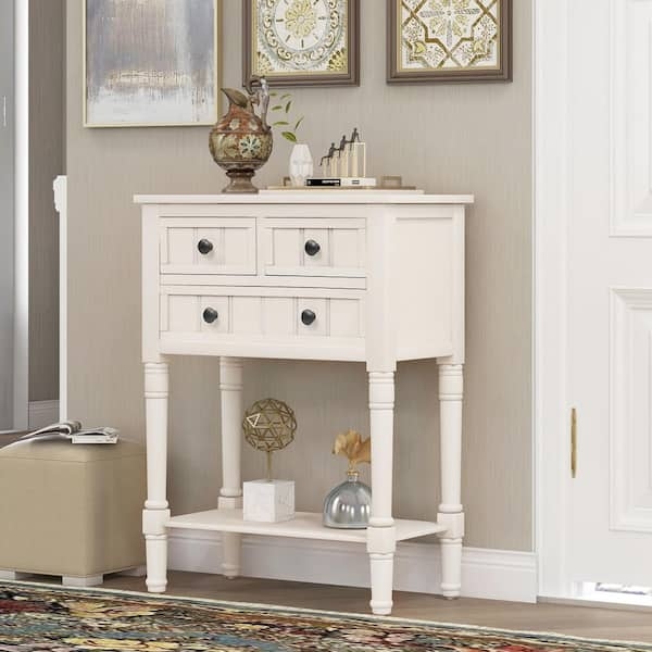 Ivory Traditional Console Table with Turned Legs and Three Drawers