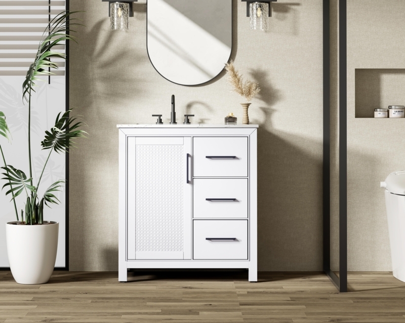 Japandi Style Vanity with Cane Door Panel and Black Hardware