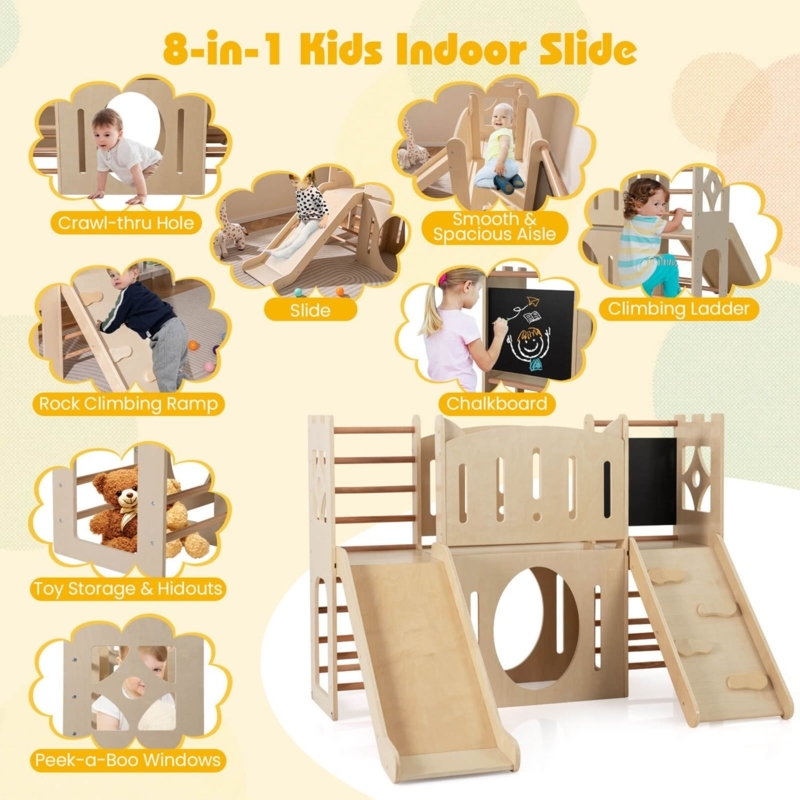Kids Indoor Playset 8-in-1 Design Chalkboard Peek-a-boo Windows Natural Wood
