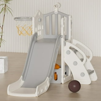 Kids Slide Modern Neutral Gray Castle Theme with Basketball Hoop