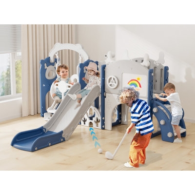 Kids Slide Playset Blue Grey with Indoor Golf & Drawing Board, Modern