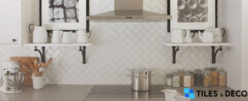 Kitchen Backsplash White Herringbone Glossy Tile Modern Farmhouse