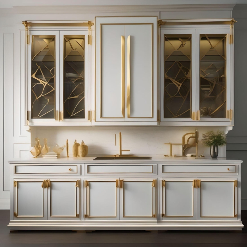 Kitchen Cabinets White Gold Bird Accents Glass Doors
