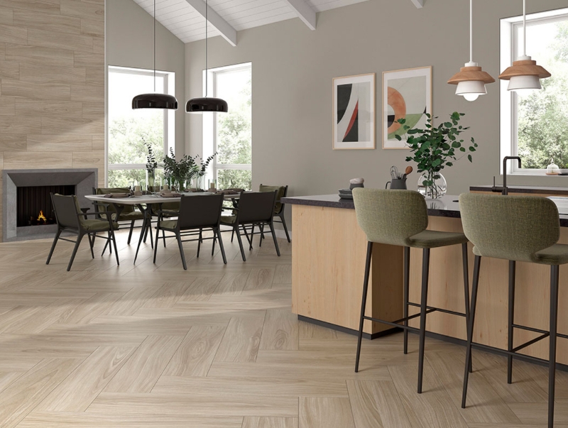Kitchen Design Herringbone Wood Look Tile Vaulted Ceiling Sage