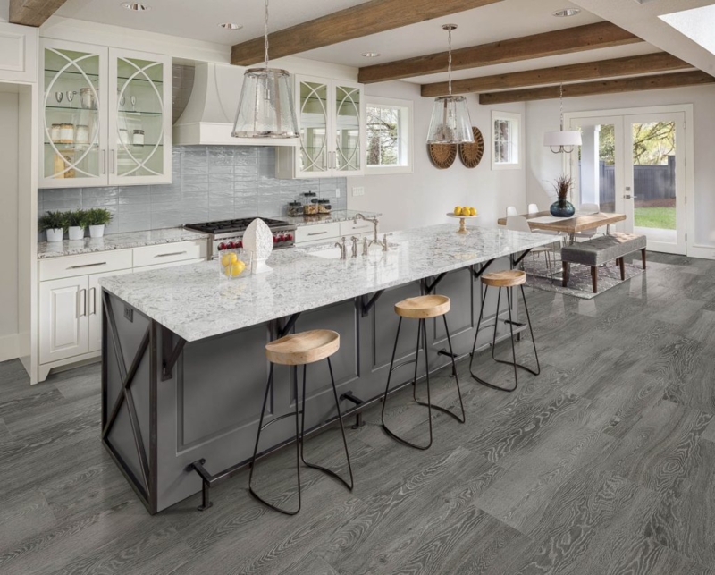 Kitchen & Dining Layout: Grey Wood Look Tile Floor & Charcoal Island