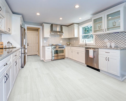 Kitchen Flooring Light Gray Vinyl Plank Geometric Backsplash