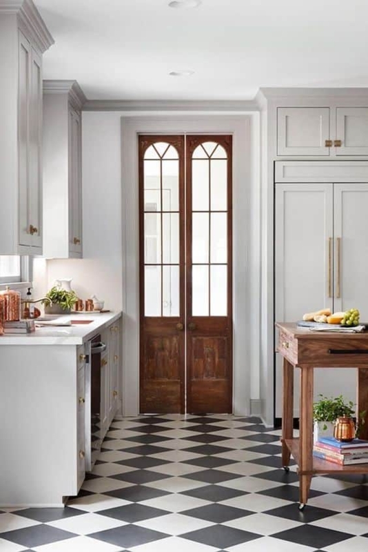 Kitchen Pantry Checkerboard Floor Arched Wood Doors Mobile Cart