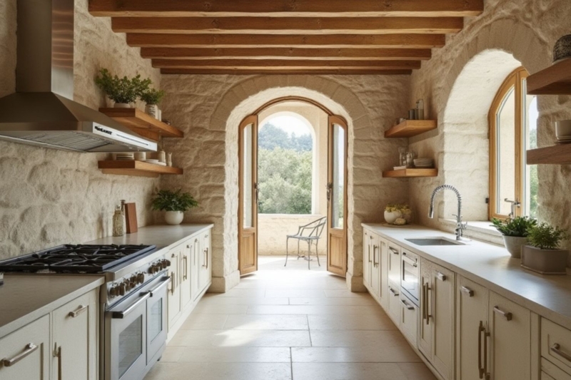 Kitchen Rough Masonry Stone Walls Exposed Beams Arched Doorway Rustic Style
