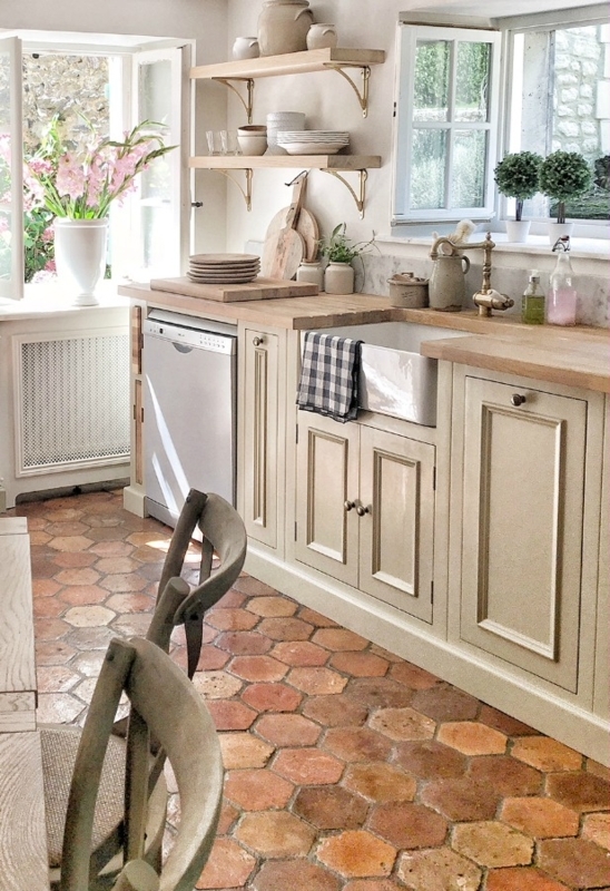 Kitchen Terracotta Hex Floor Cream Shaker Cabinetry Wood Counters