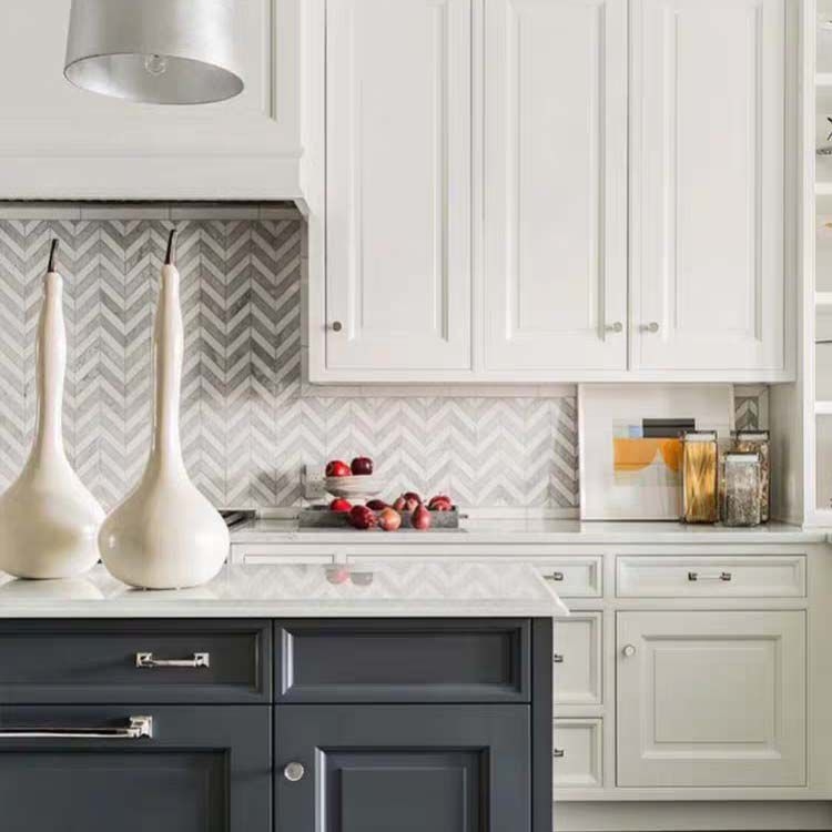 Kitchen Tile Chevron Marble Backsplash Grey White Polished