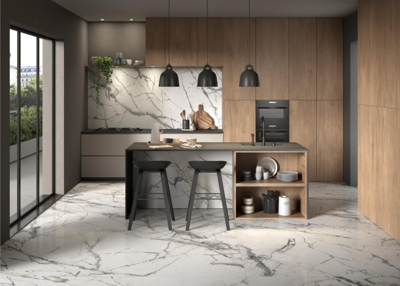 Kitchen Tile Marble Look Large Format Matte Veined Pattern